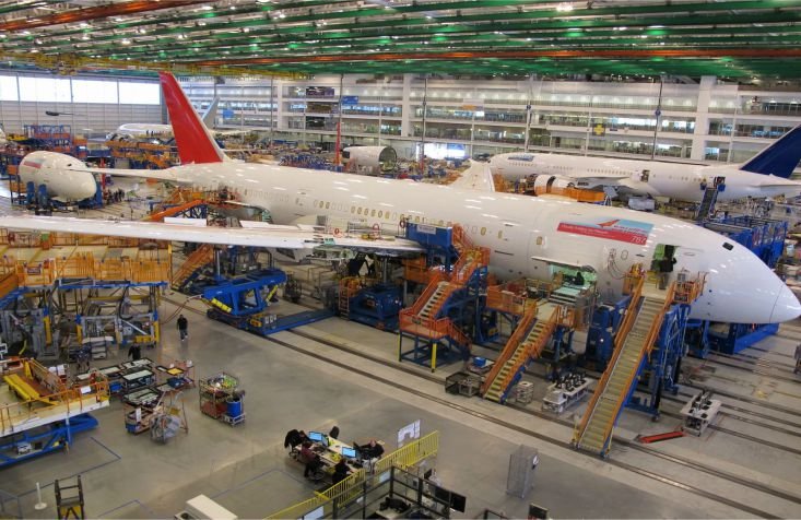 Aircraft being assembled inside a manufacturing facility