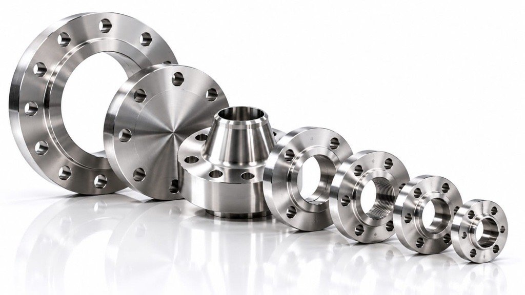 Collection of machined flanges with different hubs, bores and bolt patterns