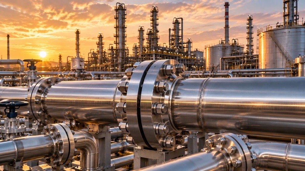 Bolted flange connections on industrial pipework with a processing plant in the background