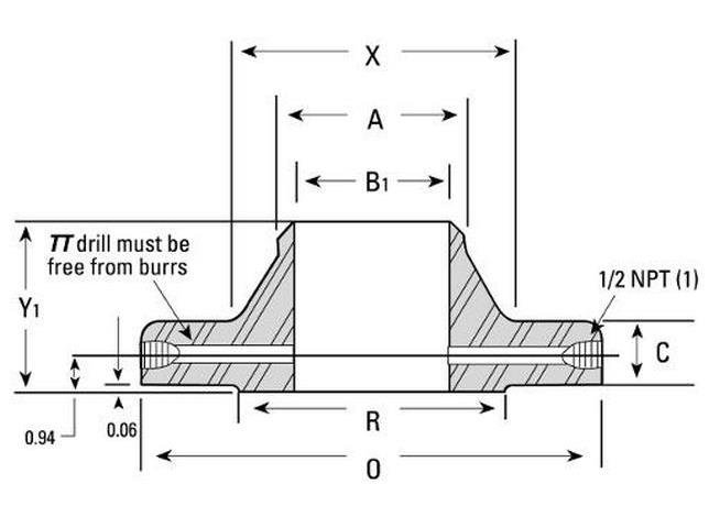 Orifice flange sectional drawing showing pressure-tapping connections