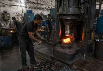 Worker using tools beside a glowing metal component under a press