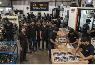 Valtron staff standing between machining stations and packed components