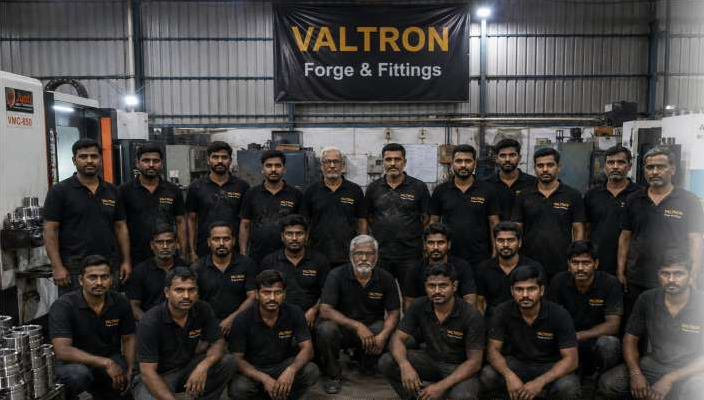 Valtron team gathered inside the factory beneath the company banner