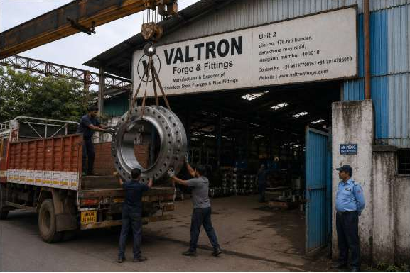 A large flanged component being lifted outside the Valtron Unit 2 entrance